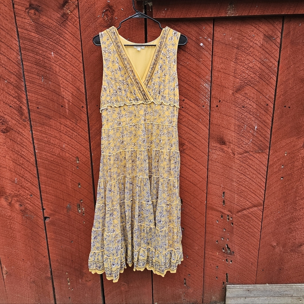 Max Studio Mustard and Grey Tiered Floral Midi Dress